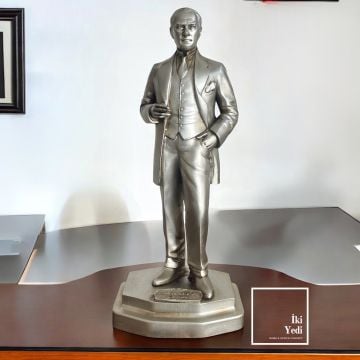 Gümüş Gri Mustafa Kemal Atatürk Heykeli 31 cm Dekoratif Obje Ofis Hediyesi Dekorasyon Ürünleri Ev İş Hediyelik