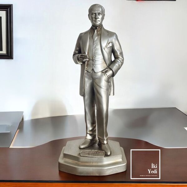 Gümüş Gri Mustafa Kemal Atatürk Heykeli 31 cm Dekoratif Obje Ofis Hediyesi Dekorasyon Ürünleri İş