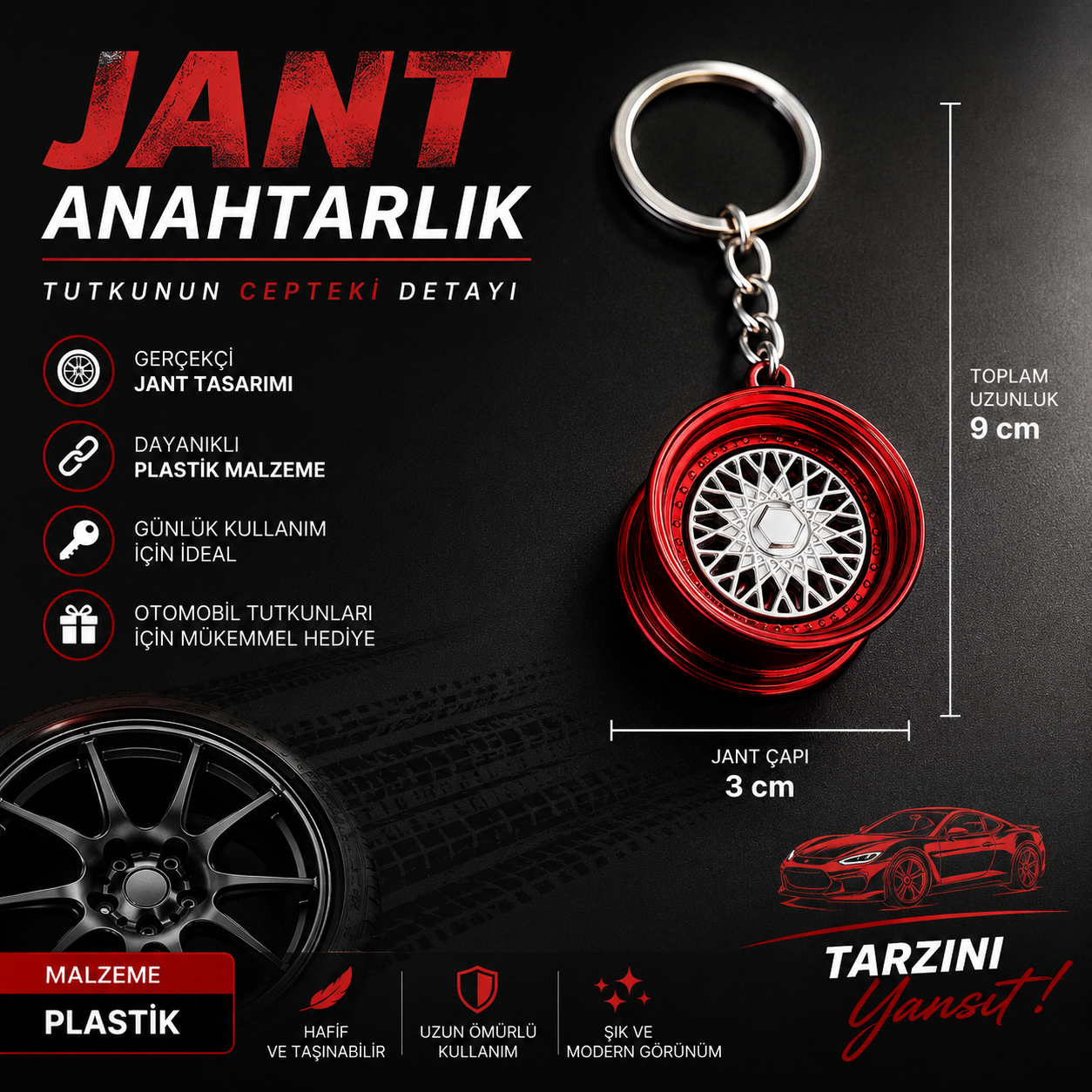Kırmızı Jant Anahtarlık Gerçekçi Araba Jantı Tasarımlı Spor Otomobil Anahtarlığı 9 cm Hediyelik