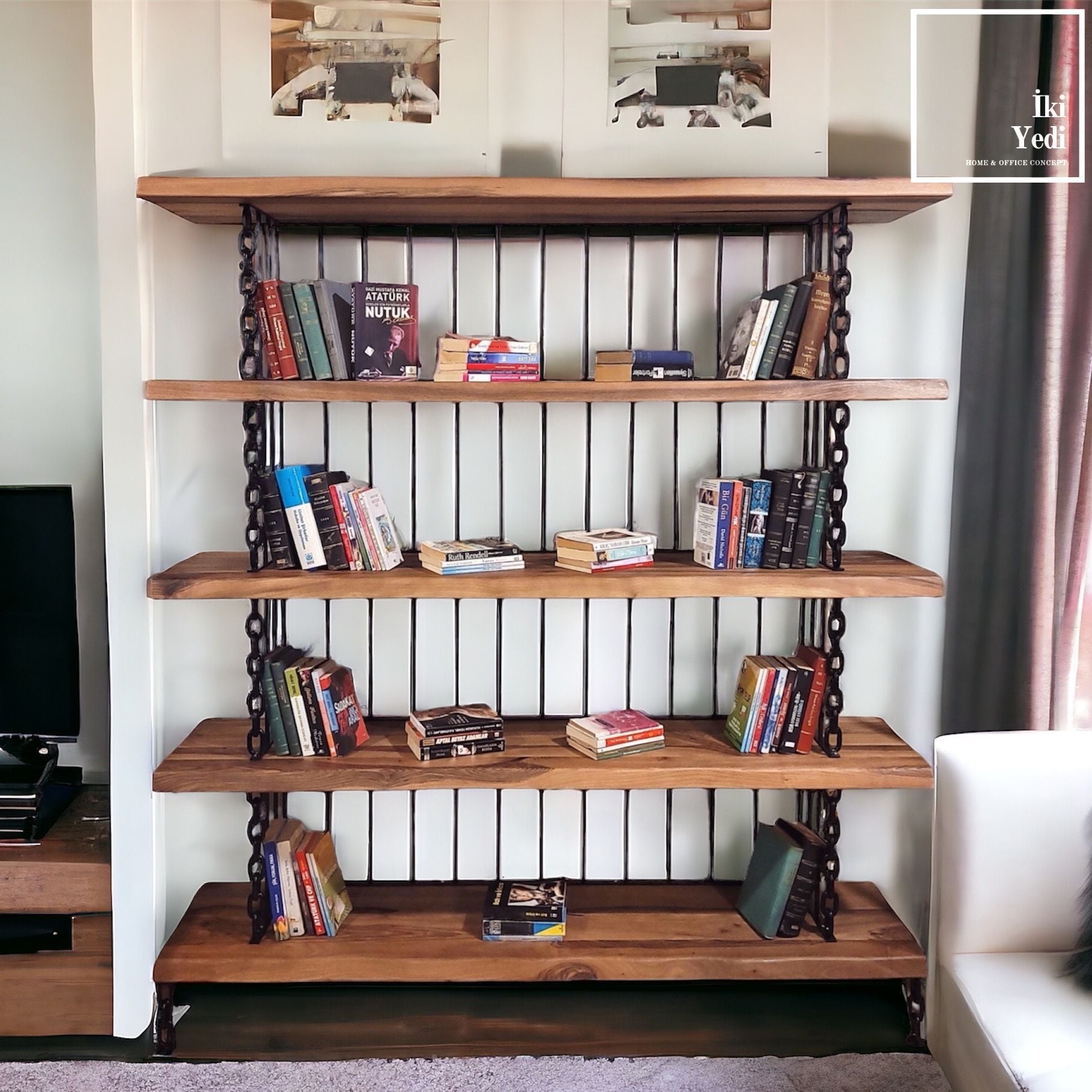 Contfes Masif Ağaç Kütüphane Zincir Demirli Ahşap Kitaplık Kütük Ceviz Ağacı Endüstriyel Wood Furniture Luxury