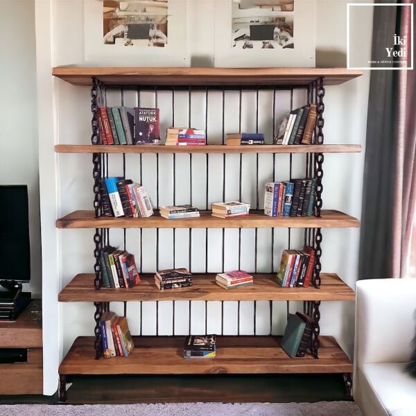 Contfes Masif Ağaç Kütüphane Zincir Demirli Ahşap Kitaplık Kütük Ceviz Ağacı Endüstriyel Wood Furniture Luxury