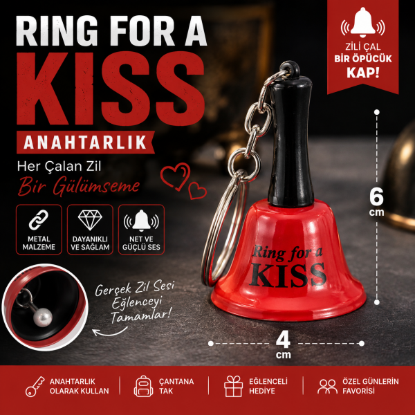 Ring for a Kiss Metal Zil Anahtarlık Gerçek Çan Sesli Eğlenceli Hediyelik Anahtarlık 6 cm