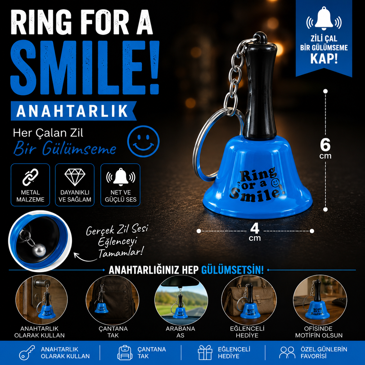 Ring for a Smile Metal Zil Anahtarlık Gerçek Çan Sesli Eğlenceli Hediyelik 6 cm