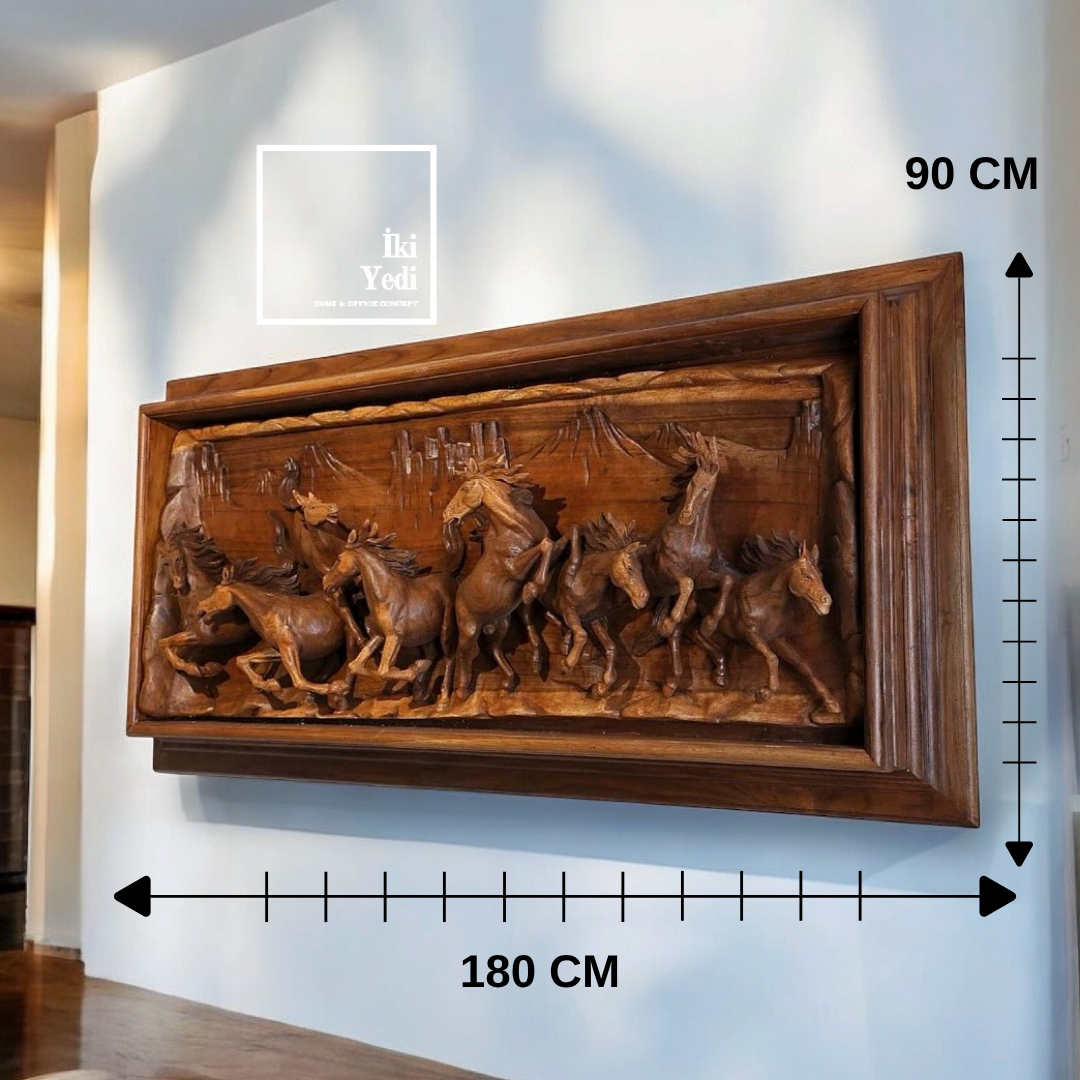 Ahşap At Rölyef Tablo 180 x 90 cm El Oyması Oymalı Büyük Lüks Duvar Dekoru Koşan Atlar Heykeli 3D At Figürü Doğal Ağaç Duvar Sanatı