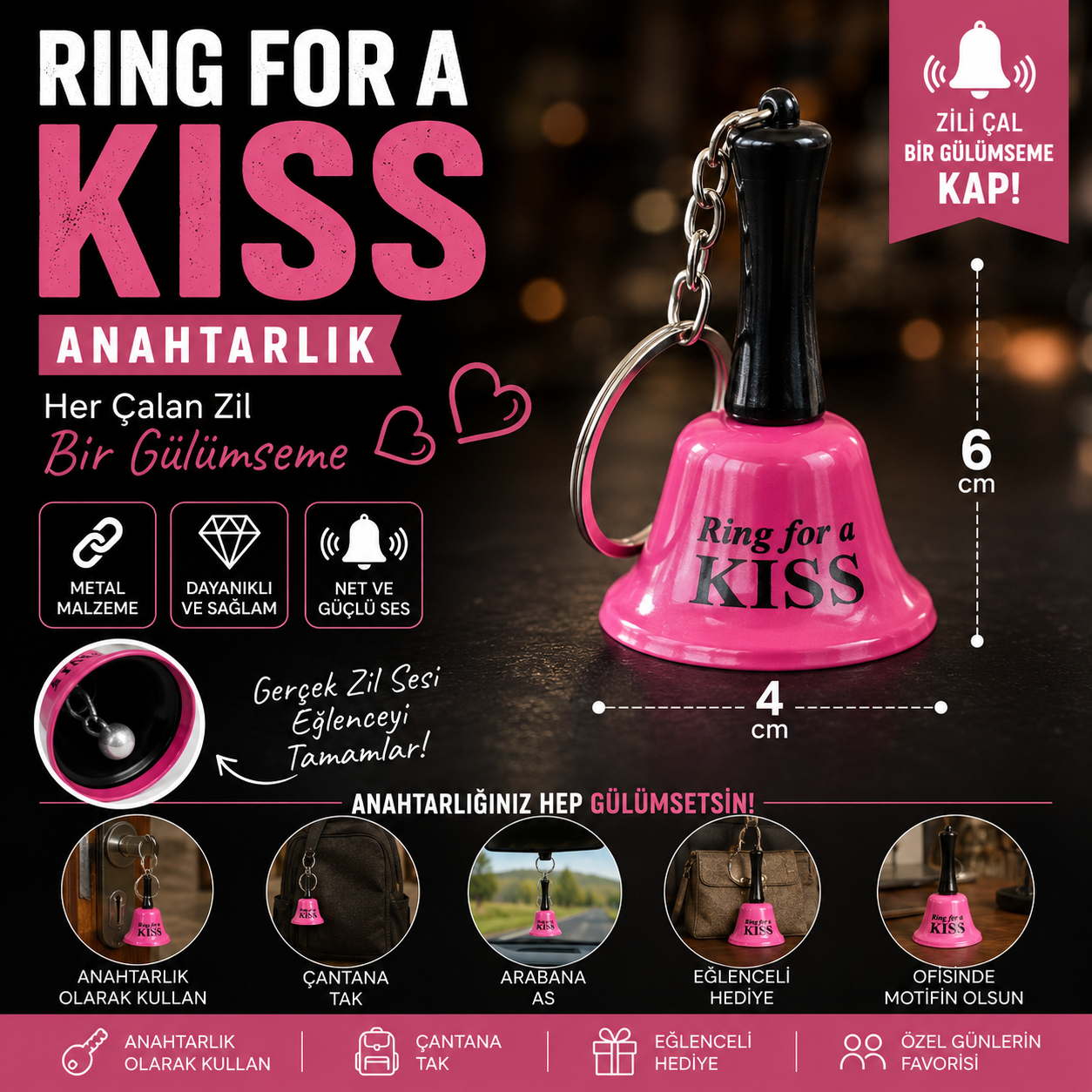 Ring for a Kiss Mor Metal Zil Anahtarlık Gerçek Sesli Romantik Hediyelik Anahtarlık 6 cm