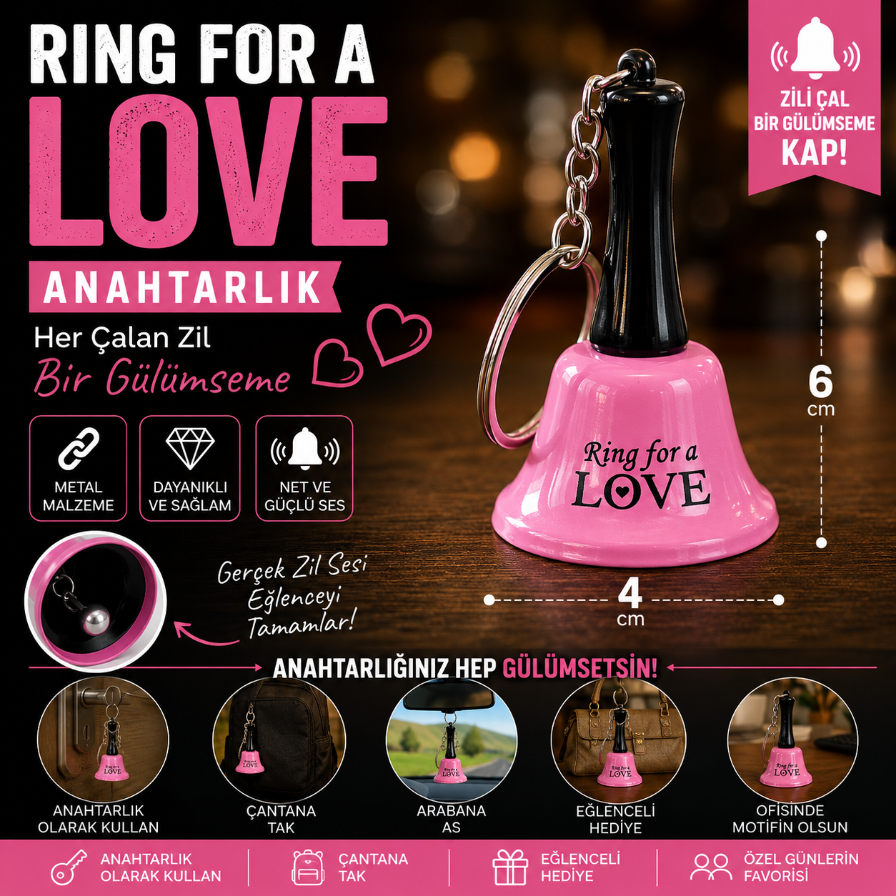Ring for a Love Metal Zil Anahtarlık Gerçek Çan Sesli Sevgili Hediyesi 6 cm Pembe Renk