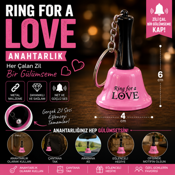 Ring for a Love Metal Zil Anahtarlık Gerçek Çan Sesli Sevgili Hediyesi 6 cm Pembe Renk