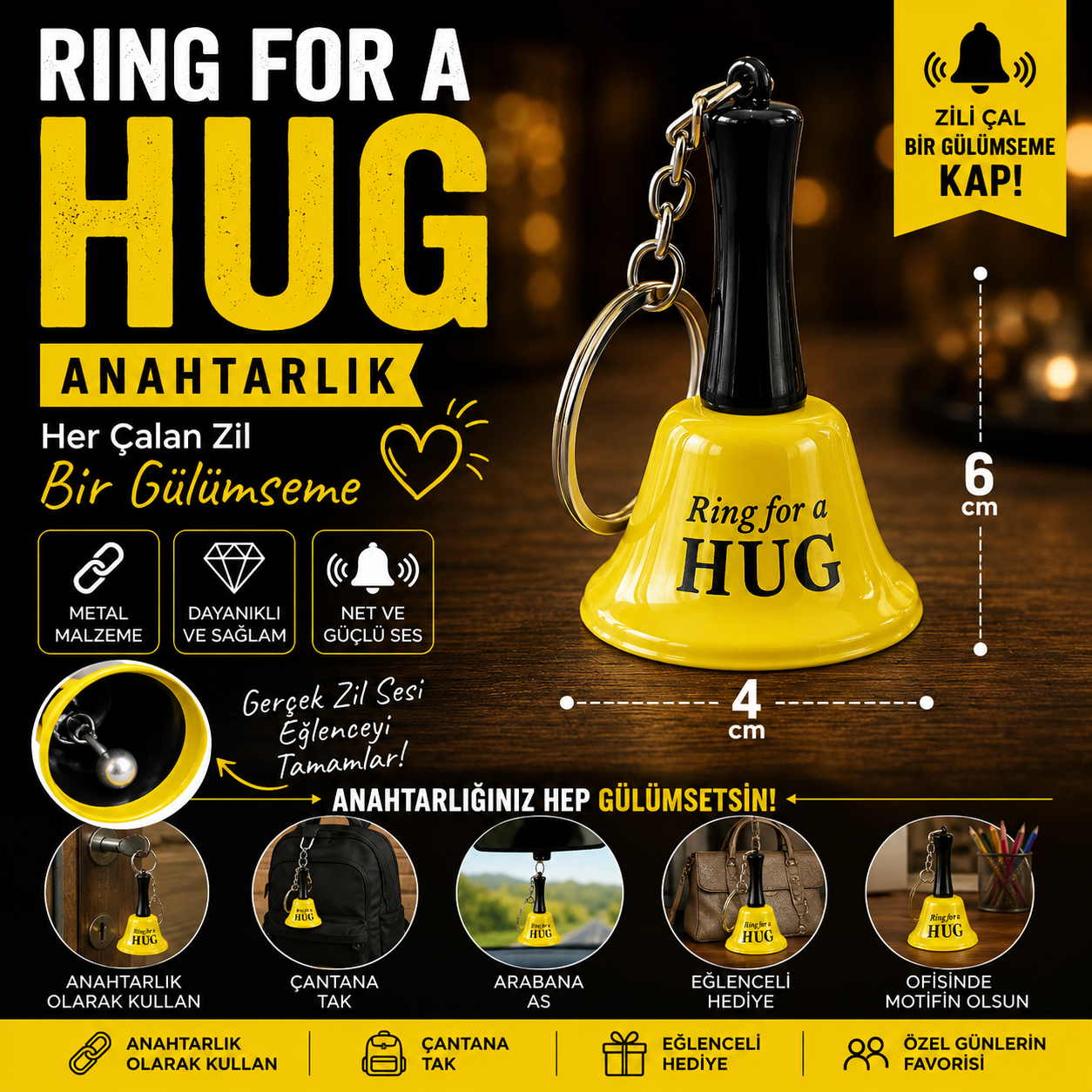 Ring for a Hug Metal Zil Anahtarlık Gerçek Sesli Eğlenceli Hediyelik Anahtarlık 6 cm Sarı Renk