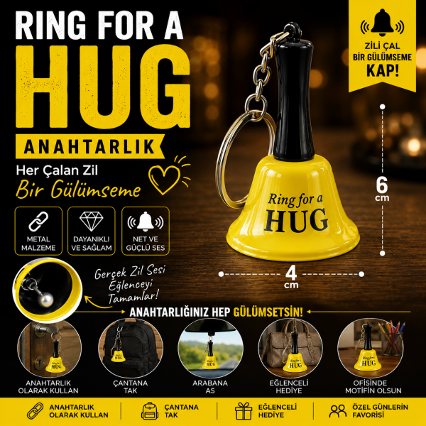 Ring for a Hug Metal Zil Anahtarlık Gerçek Sesli Eğlenceli Hediyelik Anahtarlık 6 cm Sarı Renk
