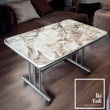 Ullin Beyaz Mermer Desen Tekerlekli Orta Sehpa Seyyar Sehpa Modelleri Ofis Ev Salon Bekleme Odası