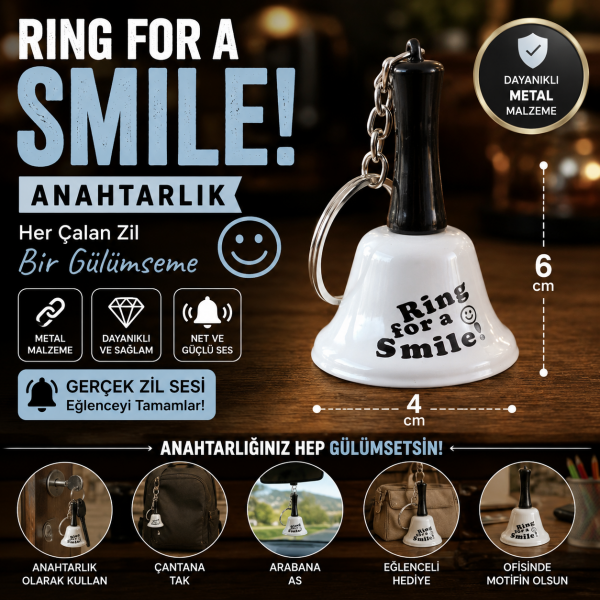Ring for a Smile Beyaz Metal Zil Anahtarlık Gerçek Çan Sesli Hediyelik Anahtarlık 6 cm