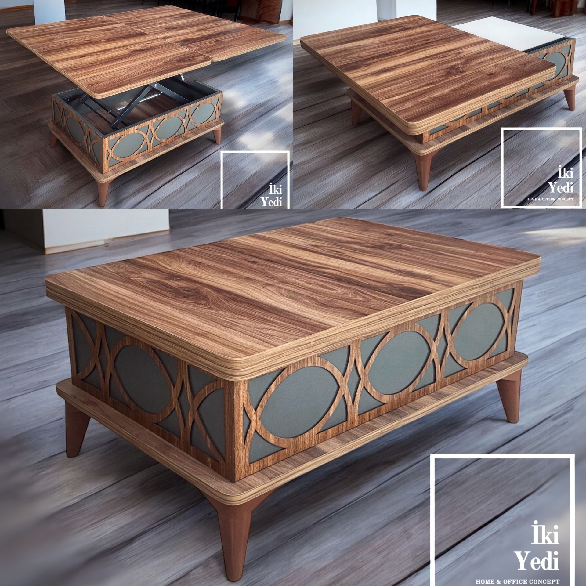 Virago Ceviz Renk Akıllı Orta Sehpa Tekerlekli Sihirli Sehpa Yemek Masası Olabilen Ofis Ev Salon Bekleme Odası