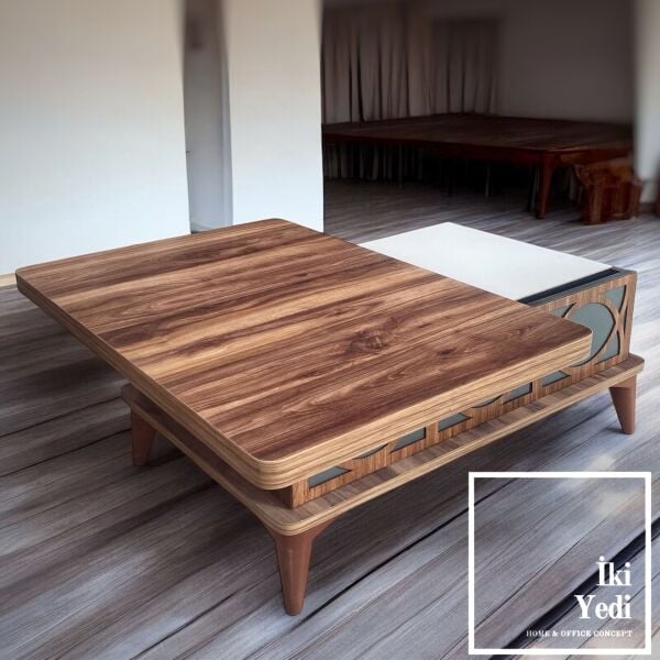 Virago Ceviz Renk Akıllı Orta Sehpa Tekerlekli Sihirli Sehpa Yemek Masası Olabilen Ofis Ev Salon Bekleme Odası