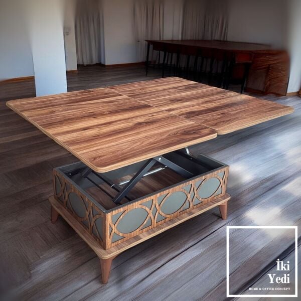 Virago Ceviz Renk Akıllı Orta Sehpa Tekerlekli Sihirli Sehpa Yemek Masası Olabilen Ofis Ev Salon Bekleme Odası