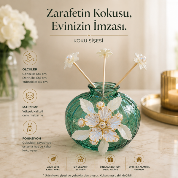 Cortes İnci Çiçekli Yeşil Cam Koku Şişesi Şık Dekoratif Oda Kokusu Şişesi 10,5x8,5 cm Hediyelik