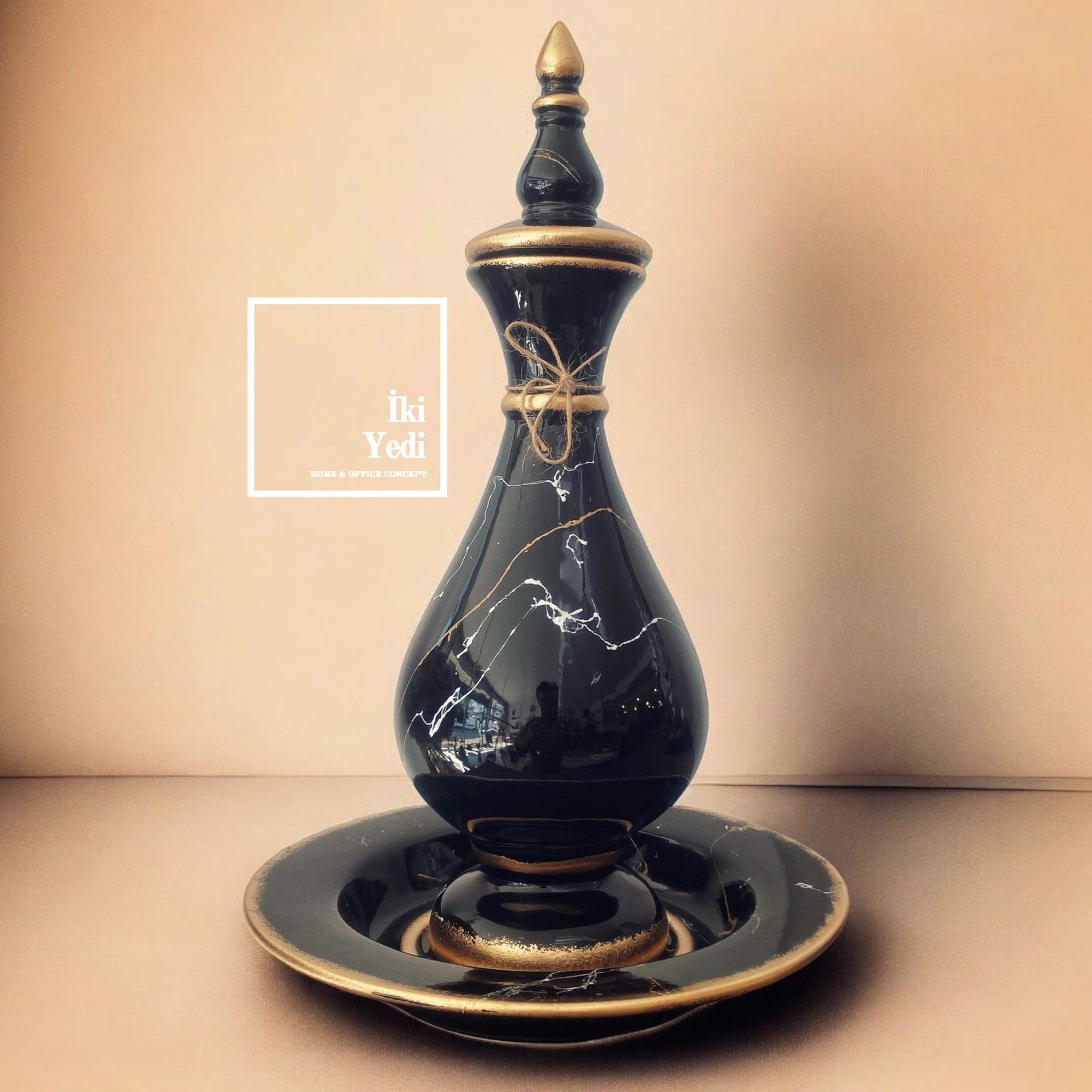 Nicolina 77-2 Siyah Mermer Desenli 43 cm Dekoratif Vazo & Kase Seti, Ev Ofis Hediyelik Obje