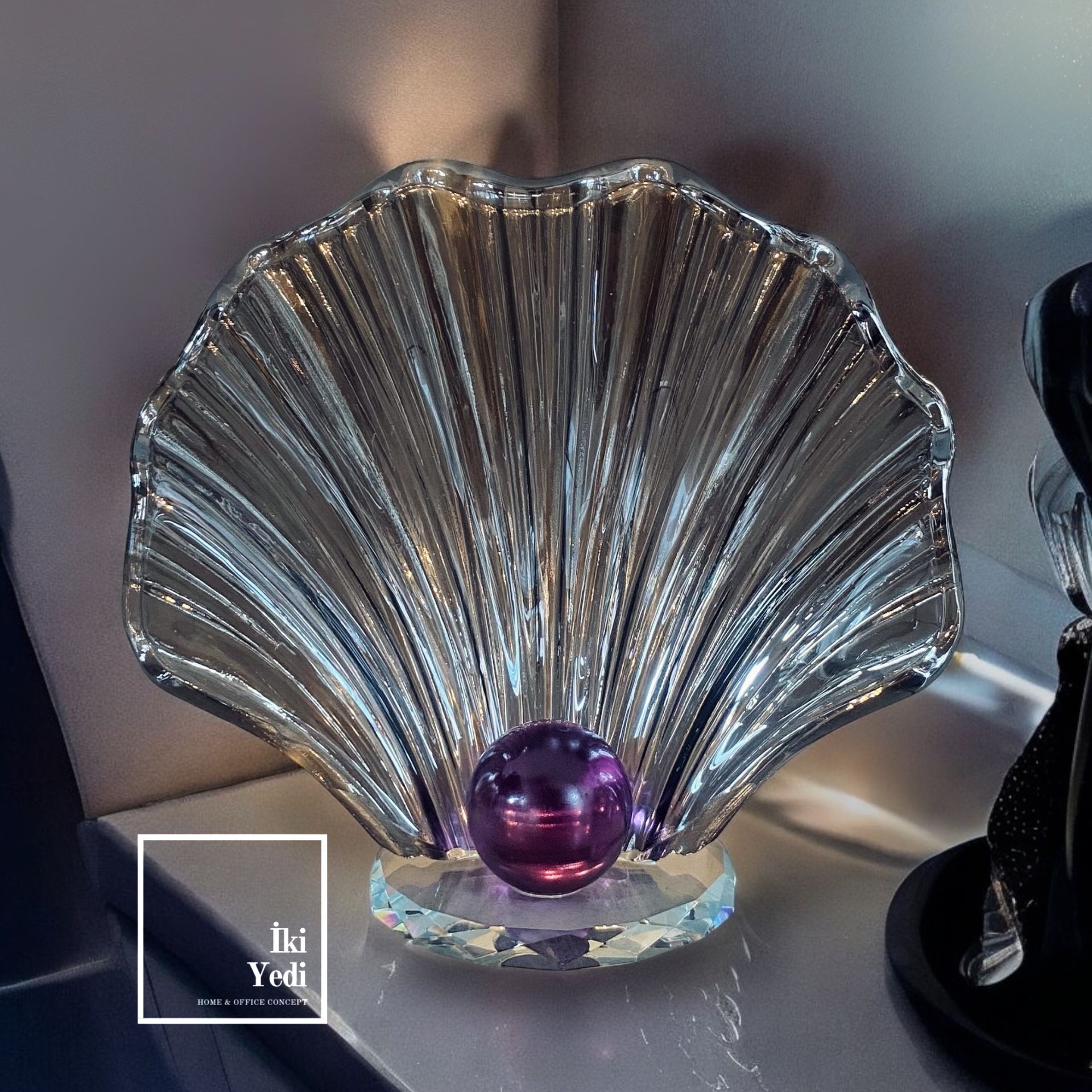 Dicarlo Kristal İstiridye İçinde Mor İnci, Cam Dekoratif Obje, Zarif Ev Ofis Hediyelik Biblo