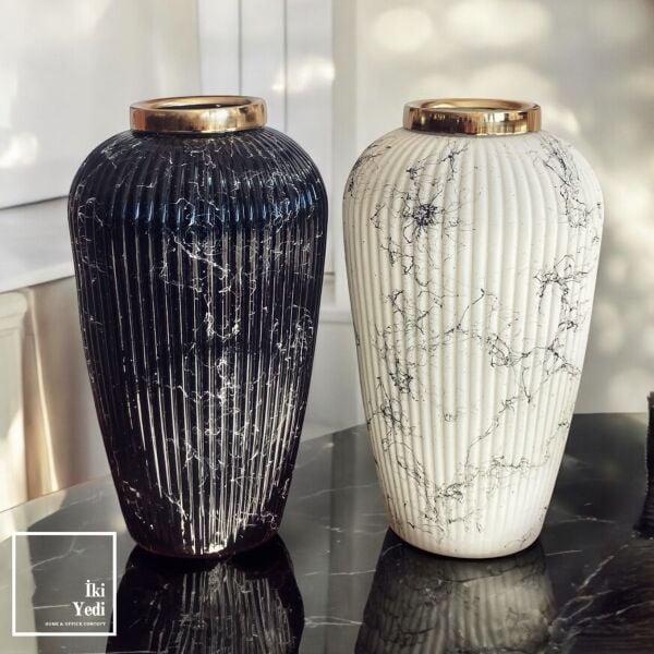 Tolle Siyah Beyaz Mermer Desenli Cam Vazo, Gold Detaylı Masa Konsol Çiçeklik, Dekoratif Obje