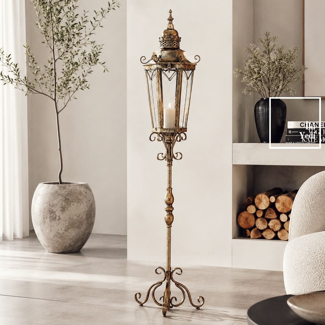 Nancarrow Vintage Büyük Ayaklı Mumluk Fener 125 cm Metal Dekoratif Şamdan Salon Ofis Köşe Dekorları