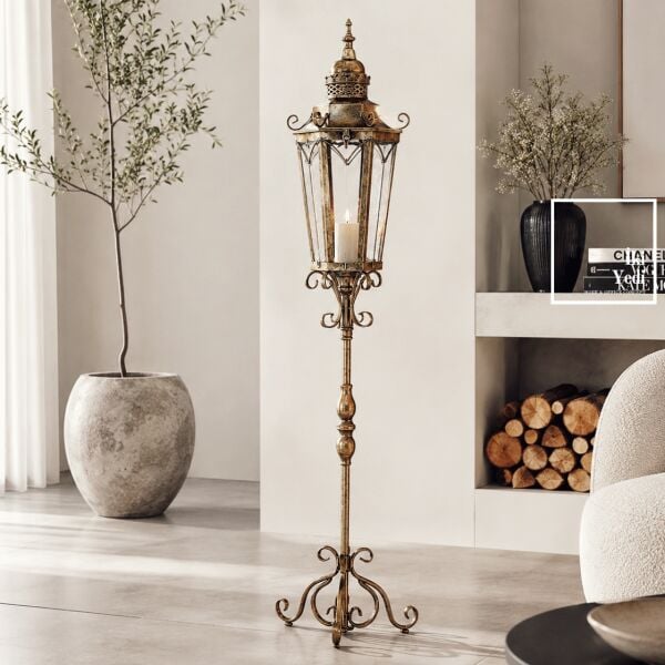 Nancarrow Vintage Büyük Ayaklı Mumluk Fener 125 cm Metal Dekoratif Şamdan Salon Ofis Köşe Dekorları