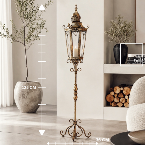 Nancarrow Vintage Büyük Ayaklı Mumluk Fener 125 cm Metal Dekoratif Şamdan Salon Ofis Köşe Dekorları