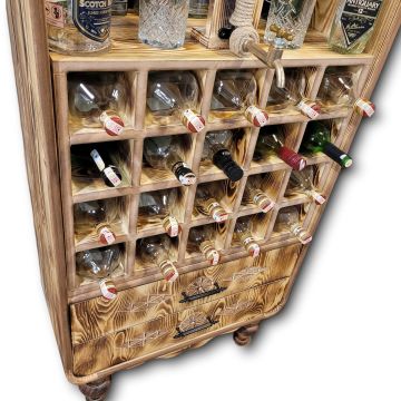 Udith Ahşap Şaraplık Dolap Oymalı El Oyması İçki Dolabı Musluklu Şişe ve Kadeh Bölmeli Çekmeceli Torna Ayaklı Wood Furniture