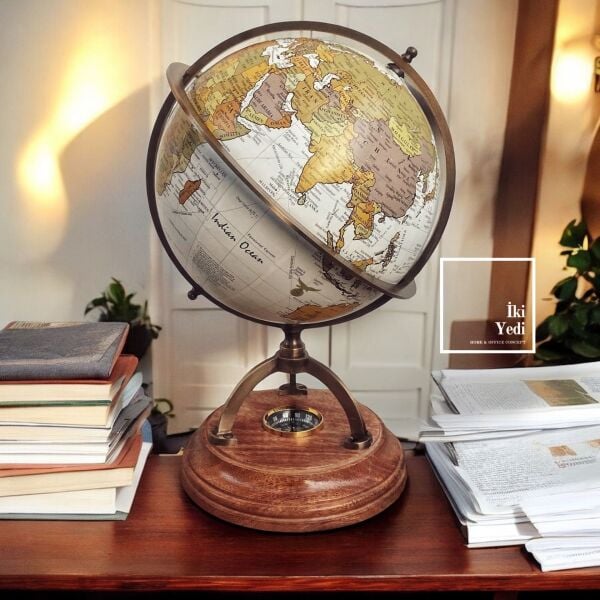 Sung Ahşap Ayaklı Beyaz Dünya Küresi, Pusulalı Yerküre Obje, Ofis Ev Dekoratif Hediyelik Aksesuar