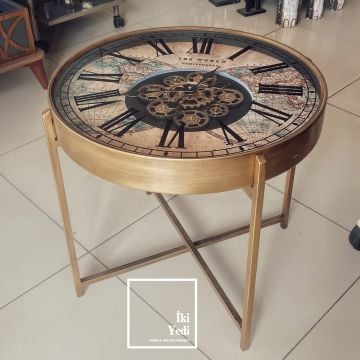 Hemispheres 60 cm Çarklı Saat Sehpa, Vintage Dünya Haritalı Metal Masa, Ev Ofis Dekoratif Hediye