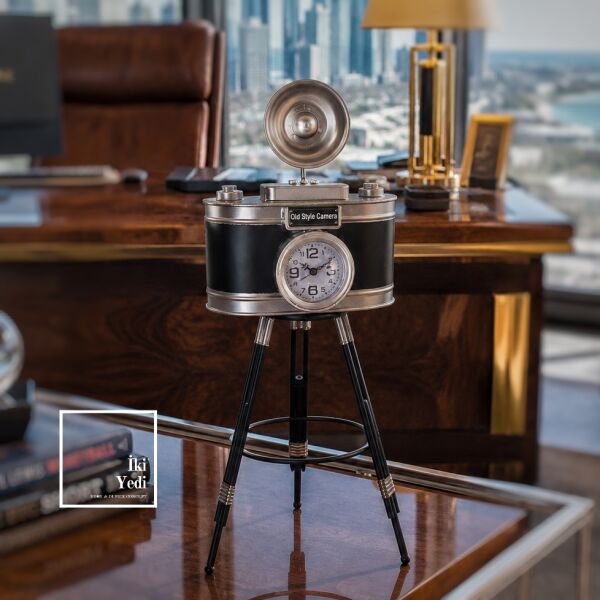 Daguerro Vintage Kamera Masa Saati 61 cm Dekoratif Metal Ofis Saati Retro Fotoğraf Makinesi Hediye