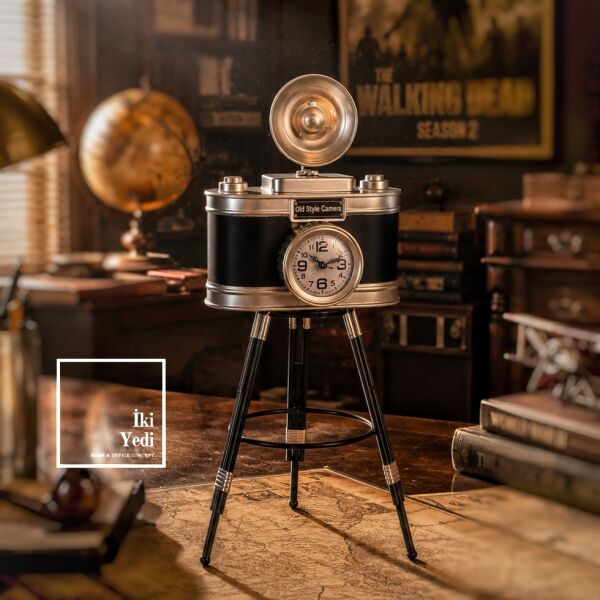 Daguerro Vintage Kamera Masa Saati 61 cm Dekoratif Metal Ofis Saati Retro Fotoğraf Makinesi Hediye
