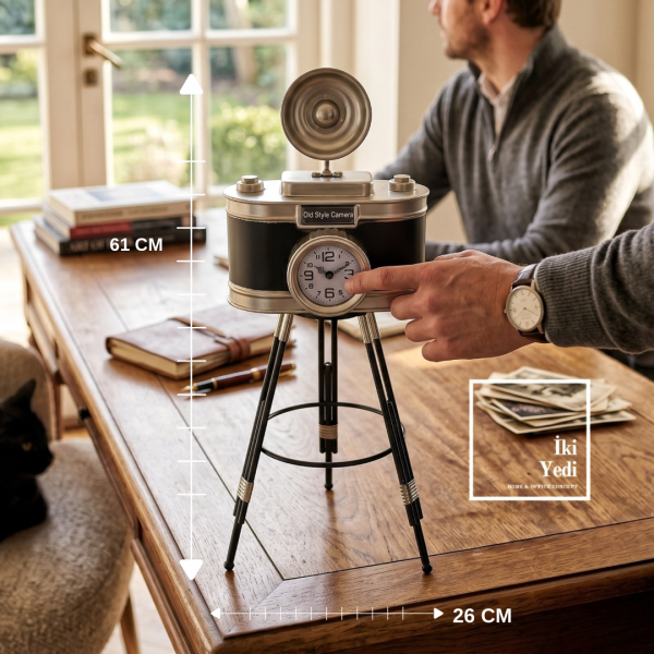 Daguerro Vintage Kamera Masa Saati 61 cm Dekoratif Metal Ofis Saati Retro Fotoğraf Makinesi Hediye