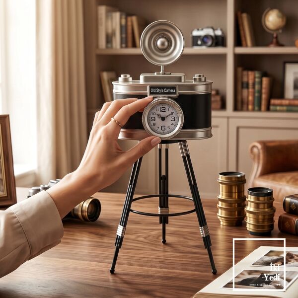 Daguerro Vintage Kamera Masa Saati 61 cm Dekoratif Metal Ofis Saati Retro Fotoğraf Makinesi Hediye