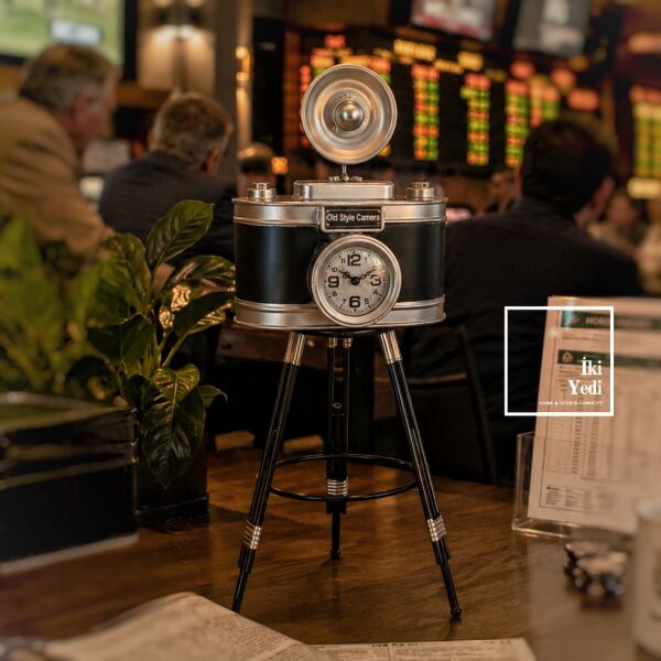 Daguerro Vintage Kamera Masa Saati 61 cm Dekoratif Metal Ofis Saati Retro Fotoğraf Makinesi Hediye