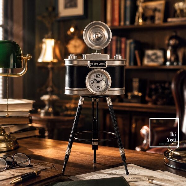 Daguerro Vintage Kamera Masa Saati 61 cm Dekoratif Metal Ofis Saati Retro Fotoğraf Makinesi Hediye