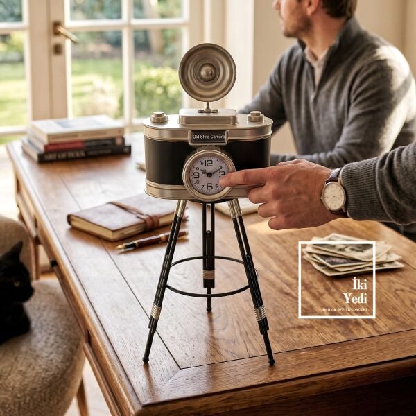 Daguerro Vintage Kamera Masa Saati 61 cm Dekoratif Metal Ofis Saati Retro Fotoğraf Makinesi Hediye