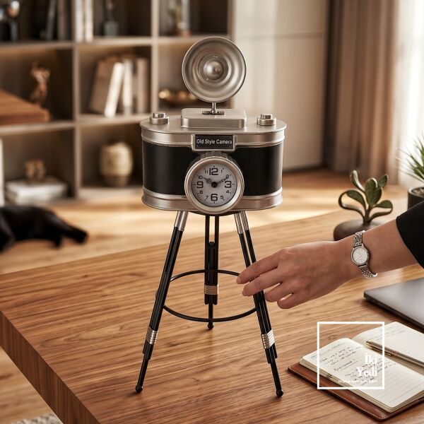 Daguerro Vintage Kamera Masa Saati 61 cm Dekoratif Metal Ofis Saati Retro Fotoğraf Makinesi Hediye