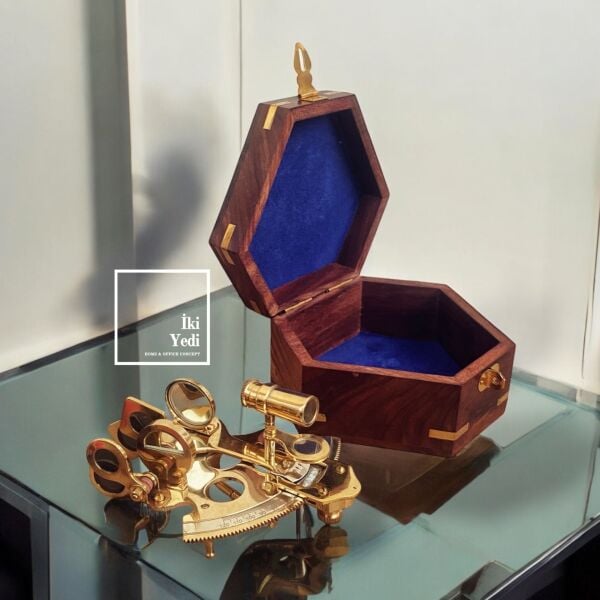 Sunbeam Antika Pirinç Sekstant Gül Ağacı Kutulu Denizcilik Dekoru Küçük Boy Ev Ofis Hediyelik