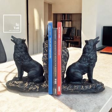 Siyah Kurt Figürlü Kitap Tutucu Seti – Maskülen Kitap Destekleri Ev Ofis Dekoratif Hediyelik Obje