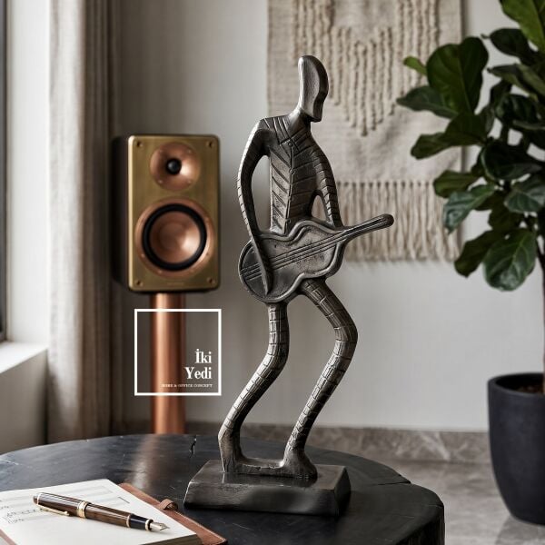 Reverdi 65 cm Döküm Metal Gitarist Heykeli Gitar Çalan Adam Döküm Heykeller Lüks Ev Ofis Hediyesi