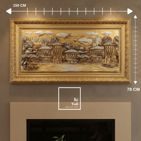Lisandro 150 cm Altın Varak Çerçeveli Osmanlı Tarzı Rölyef Kabartma Tablo Yalı Manzaralı
