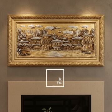 Lisandro 150 cm Altın Varak Çerçeveli Osmanlı Tarzı Rölyef Kabartma Tablo Yalı Manzaralı