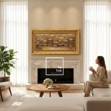 Lisandro 150 cm Altın Varak Çerçeveli Osmanlı Tarzı Rölyef Kabartma Tablo Yalı Manzaralı