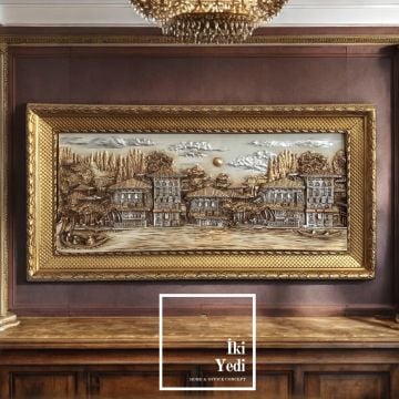 Lisandro 142 cm Altın Varak Çerçeveli Osmanlı Tarzı Rölyef Kabartma Tablo Yalı Manzaralı