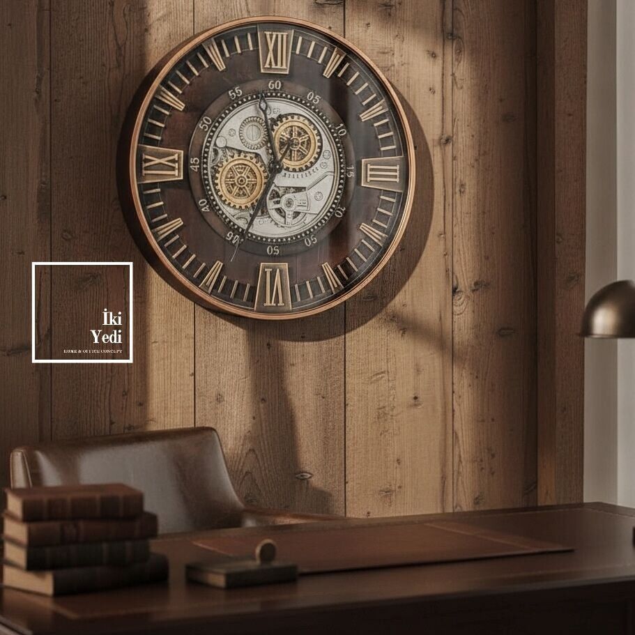 60 cm Koume Döner Çarklı Duvar Saati Bronz Tonlar Şık Ofis Ev Dekorasyonu Lüks Hediyelik İş Hediye