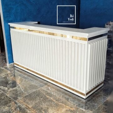 Francisco Luxury Karşılama Bankosu Beyaz & Gold Çıtalı Banko Danışma Masası Para Kasası Desk VIP Kuaför Güzellik Salonu Berber Cafe Restoran Hotel