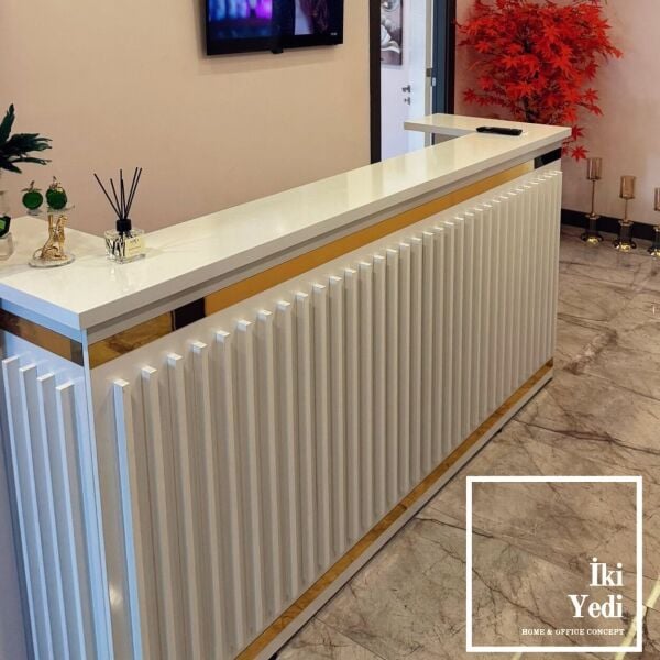 Francisco Luxury Karşılama Bankosu Beyaz & Gold Çıtalı Banko Danışma Masası Para Kasası Desk VIP Kuaför Güzellik Salonu Berber Cafe Restoran Hotel