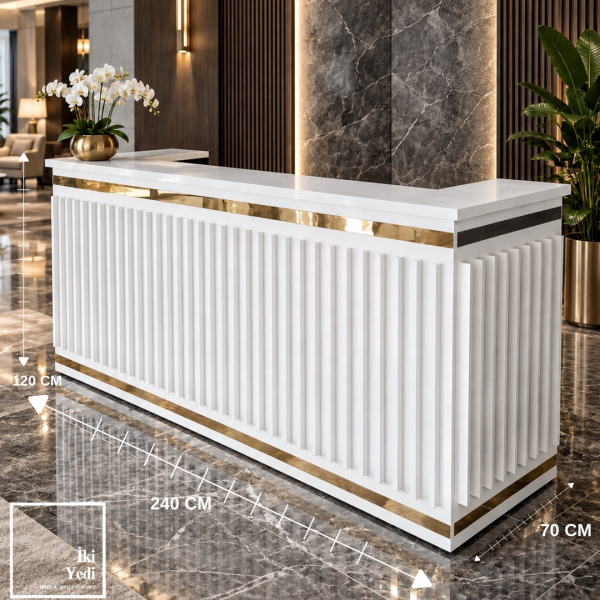 Francisco Luxury Karşılama Bankosu Beyaz & Gold Çıtalı Banko Danışma Masası Para Kasası Desk VIP