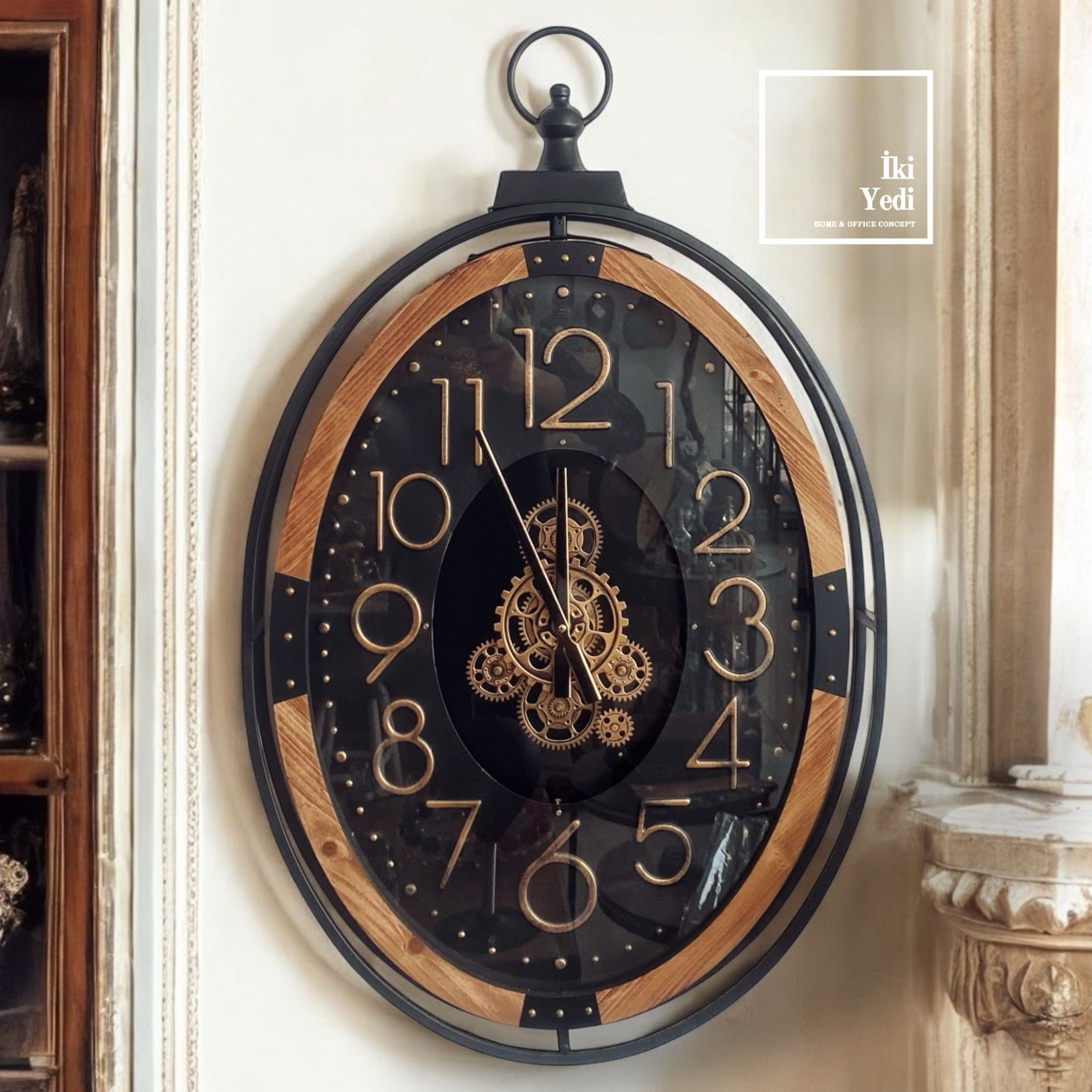 Udinese 91 cm Oval Döner Çarklı Duvar Saati, Ahşap Metal Lüks Büyük Boy Ev Ofis Saati