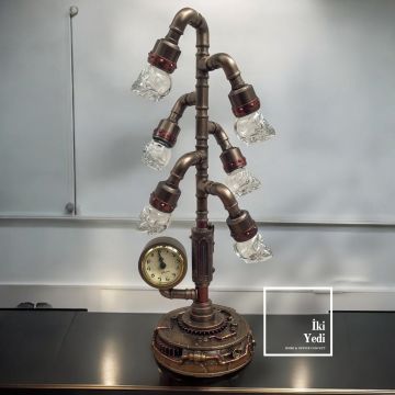 Veronese Steampunk Kafatası Başlıklı Masa Lambası, Retro Saatli Obje, Dekoratif Ev Ofis Hediyesi
