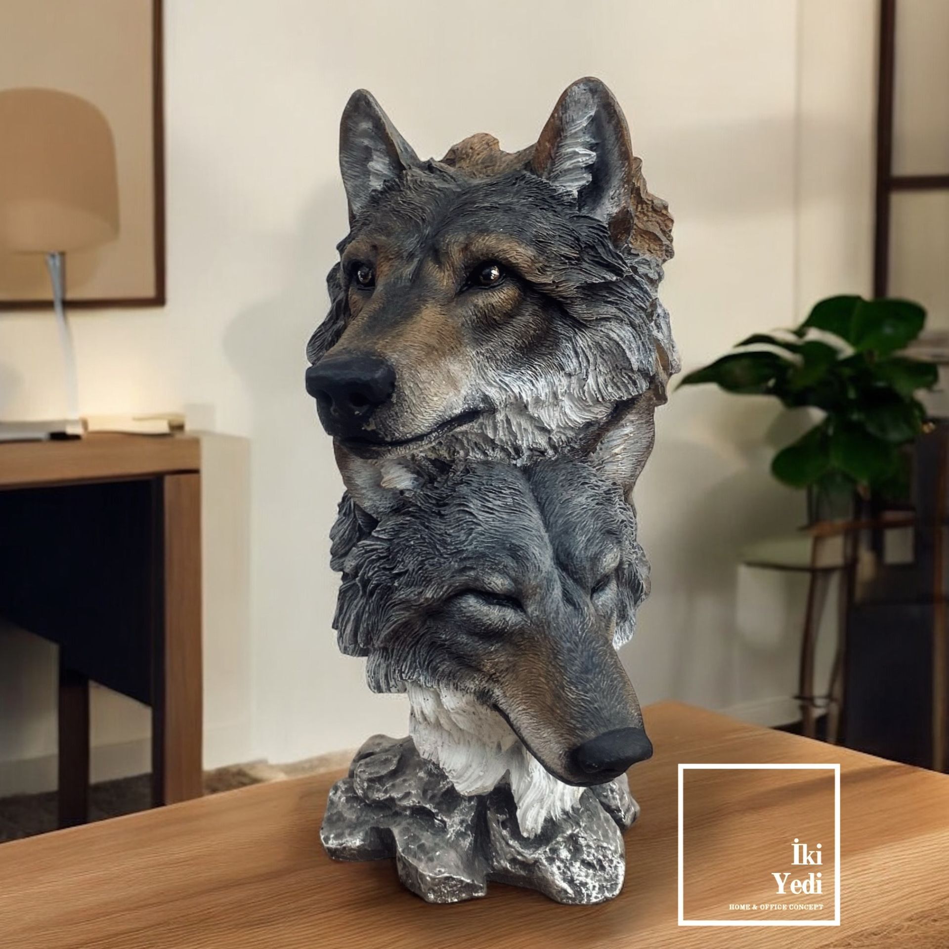Kingsley Özel Tasarım Çift Kurt Başı Dekoratif Büst Heykel | Güçlü ve Karizmatik Ev Ofis Hediyesi Dekorasyon Ürünleri